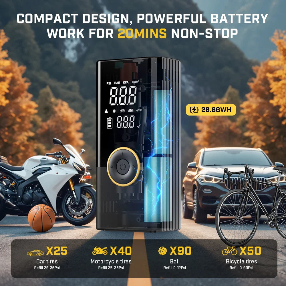 22-Cylinder Wireless Inflator: High Power, Digital Display, Rapid Inflation for Cars & Motorcycles.
